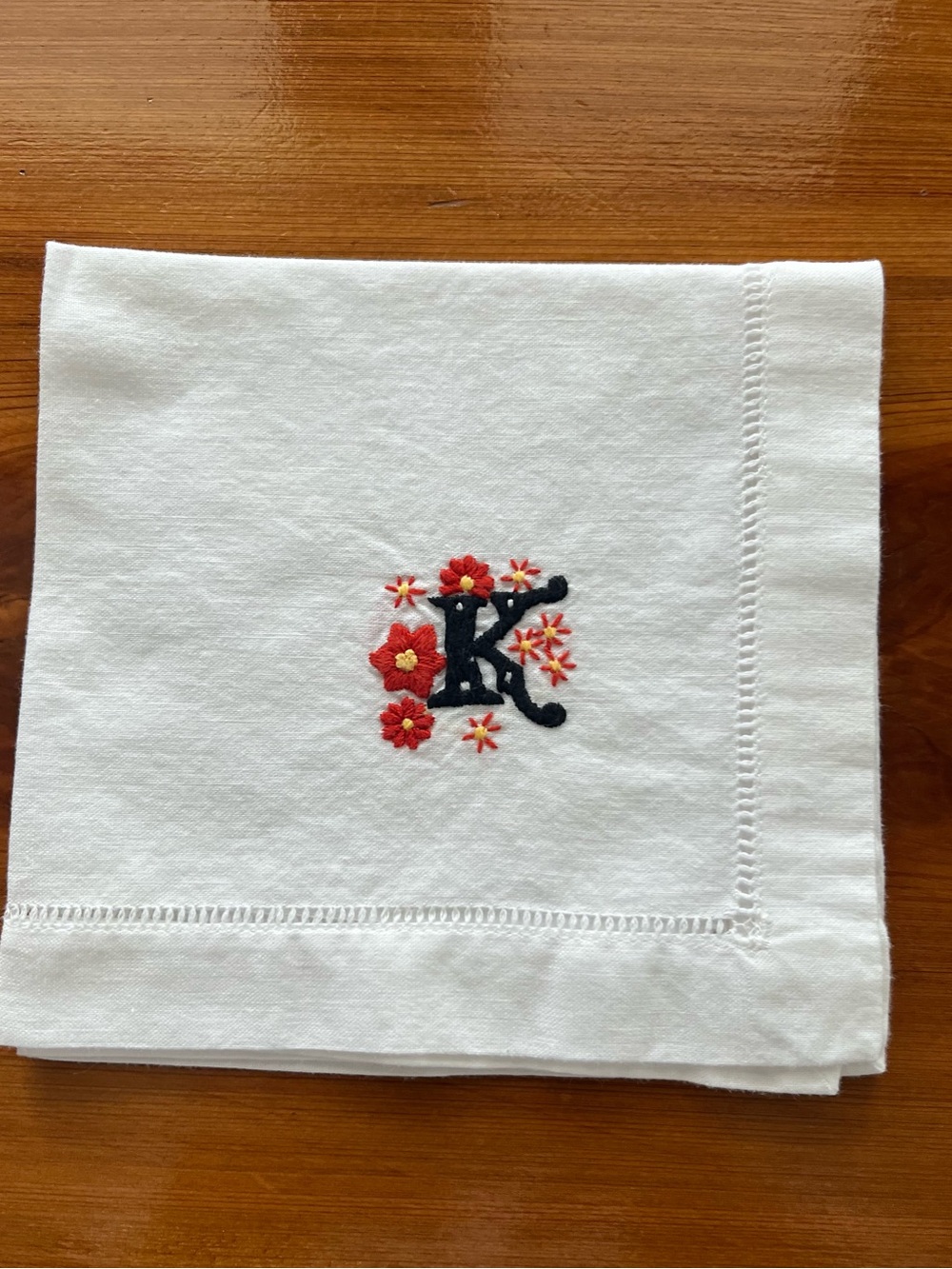 Set of 6 White Cotton Napkins w/Yellow and Orange Flowers and Black 'K' monogram